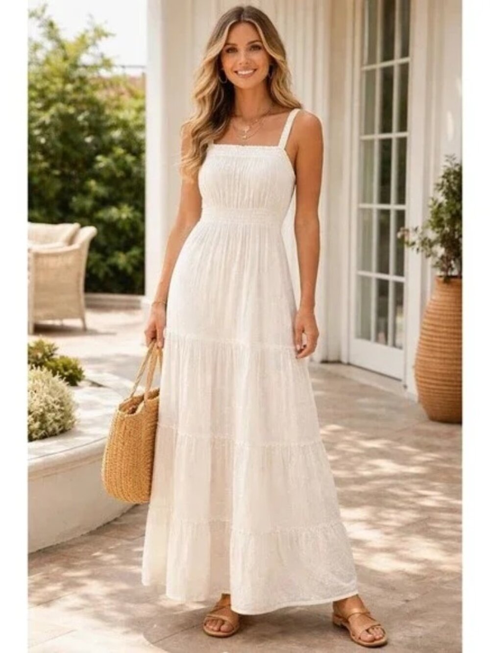 Knox Rose Embroidered Eyelet Tiered Maxi Dress Size XXL 2X Smocked Boho Cottage